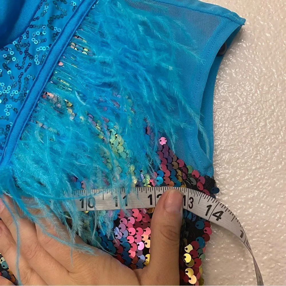 WEISSMAN Dance costume feather teal sequins sassy A Deeper Love 14471 LC child